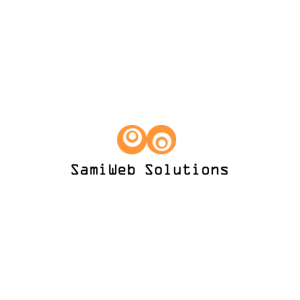 SamiWeb Solutionsin logo: kaksi koristeella oranssinv�rist� palloa tekstin "SamiWeb Solutions" yl�puolella. Teksti on v�rilt��n musta.