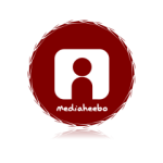 Mediaheebo-yrityksen logo, joka on tummanpunainen ympyrä, minkä ääriviivat koristeelliset ja jonka keskellä on valkoinen laatikko. Logossa lukee "Mediaheebo".