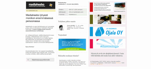 Kuvakaappaus Mediaheebo-yrityksen nettisivujen etusivusta. Kuvassa valkoista taustaa kolmipalstainen taitto, jossa oikeassa laidassa haaleanvaaleanpunaisella taustalla kuvatiedostoja, laatikkomaisia elementtejä.
